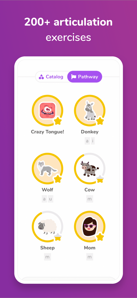 Otsimo | Speech Therapy SLP - Katalog von Artikulationsübungen in der Otsimo Sprachtherapie-App mit Tier- und Familien-Icons.