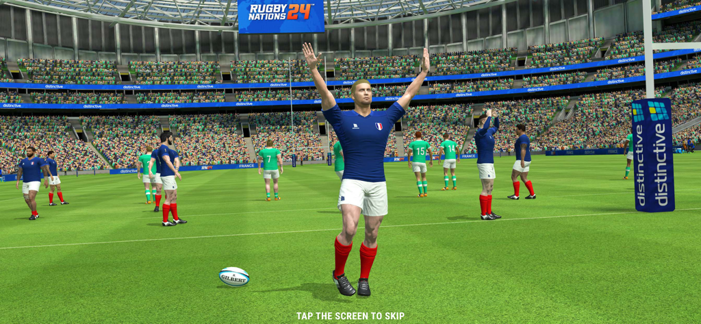Un joueur de rugby célébrant, bras levés, dans un stade bondé dans Rugby Nations 24.