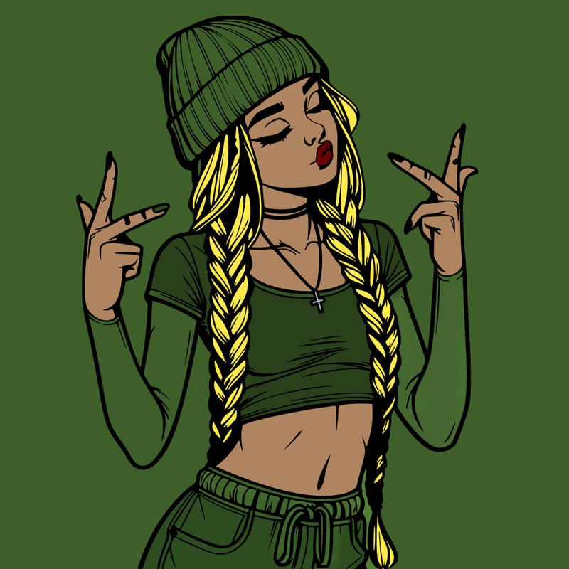 realistic teenage girl with braids and a beanie and crop top doing 🫶🏼