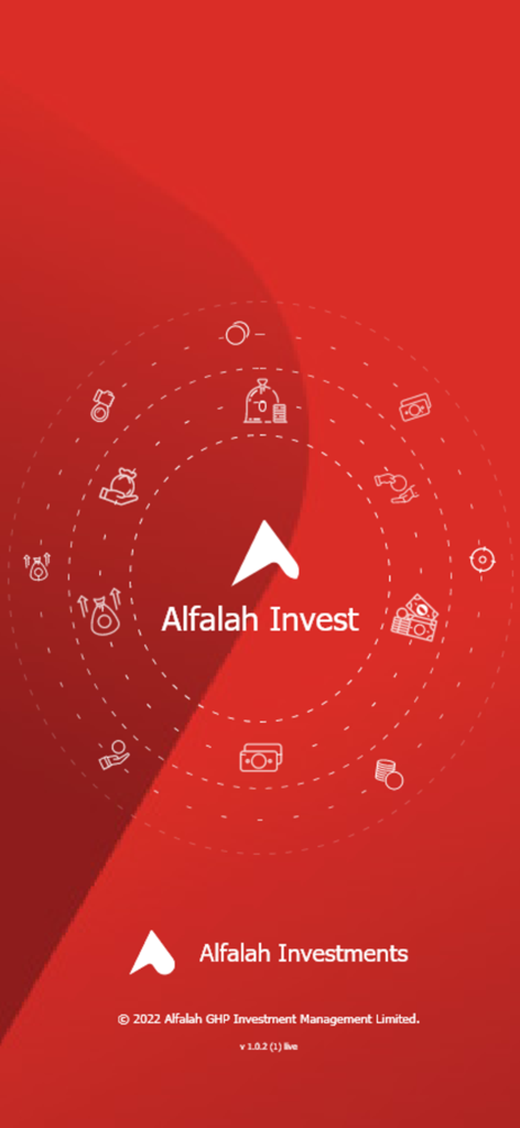 Alfalah Invest - アルファラ投資アプリのスプラッシュスクリーン。会社ロゴと金融アイコンが赤い背景に表示されています