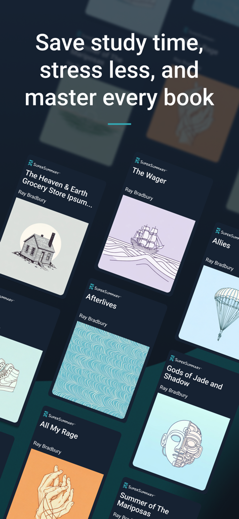 SuperSummary app interface displaying a collection of book study guides with the text Save study time stress less and master every book.
