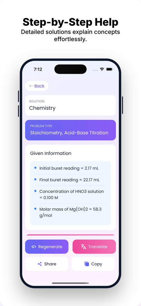 Chemistry Solver : Study AI - 화학 솔버 앱 화면에 주어진 정보와 몰 질량 계산을 포함한 화학량론 및 산-염기 적정 문제에 대한 단계별 솔루션 표시.