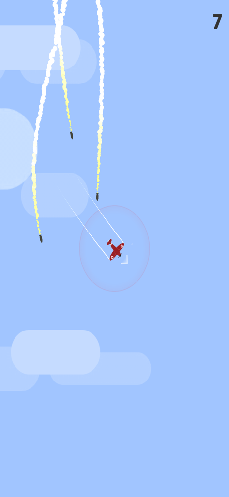 A red plane dodging incoming missiles in a blue sky with white clouds