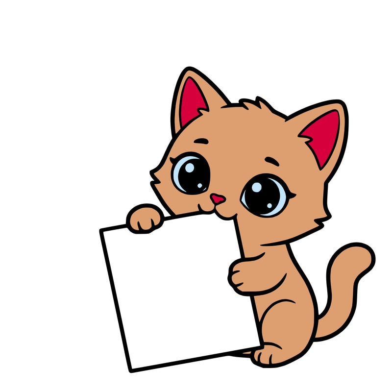 a small cat with a blank sheet of paper in its hand. the cat is sooooooo cute!