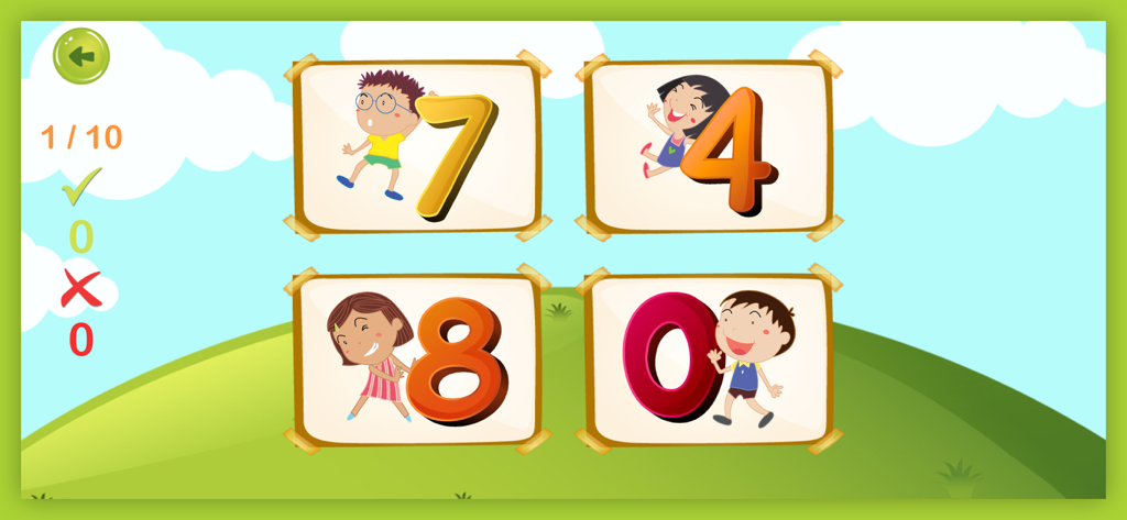 Educational preschool screen showing a number learning game with children illustrations