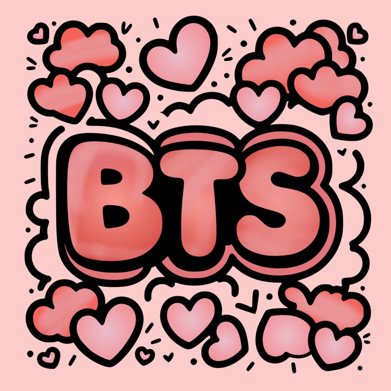 the letters “bts” in bubble letters surrounded by hearts