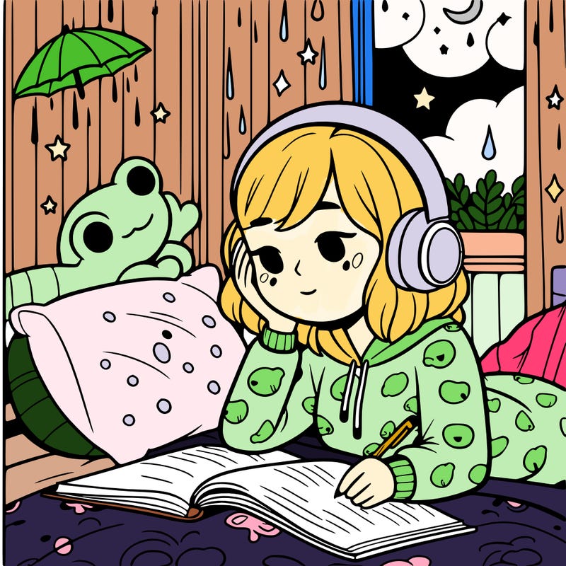 a girl laying in her bed doing homework listening to study lo-fi on a cold rainy night in night time froggy pjs