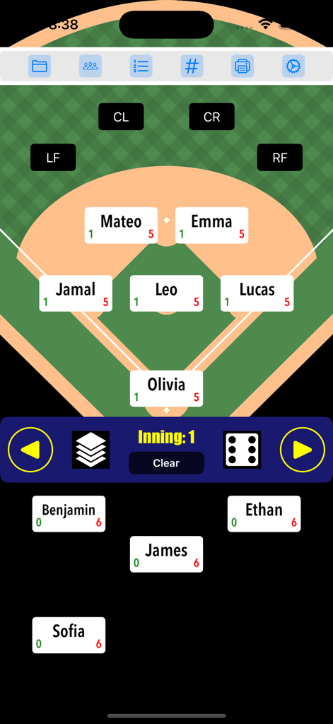 A baseball field diagram in the Roster Blast app showing player positions and bench roster names for a game inning.