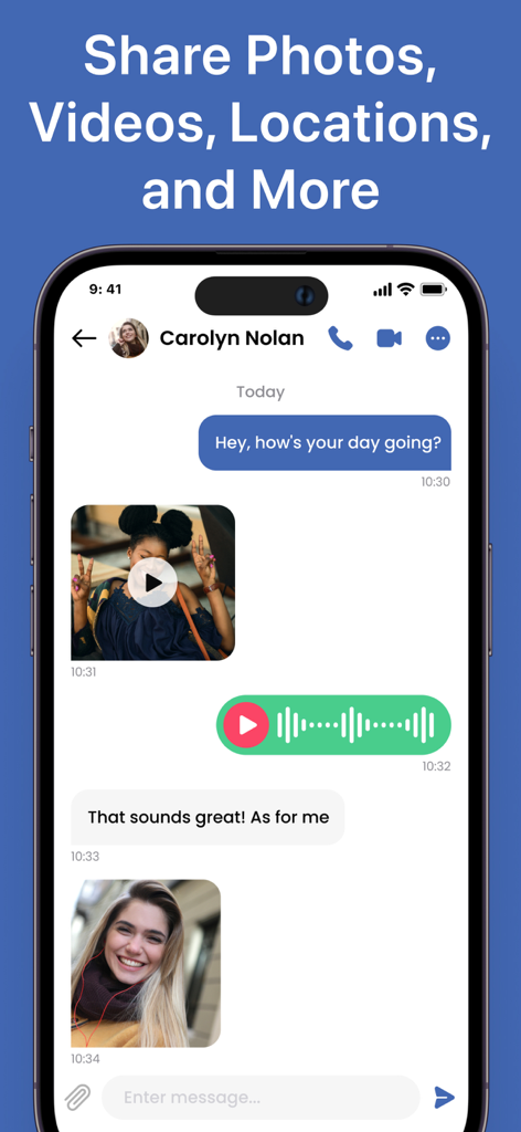 Text App: Calling+Texting Now - Mobile messaging screen displaying shared photos videos and voice messages in a chat interface