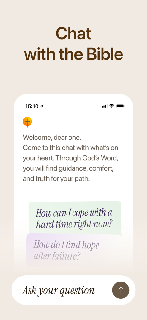 Bible Chat & Verse Widget - A mobile app screen titled Chat with the Bible featuring a chat interface with spiritual guidance questions.