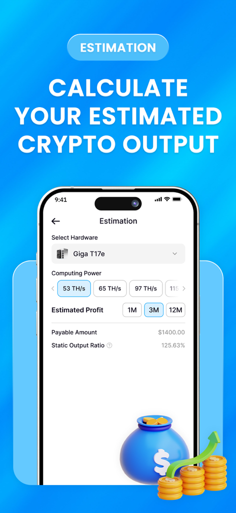 Giga Miner: Bitcoin Mining - Bitcoin mining profit estimation calculator showing hashrate settings and projected earnings.