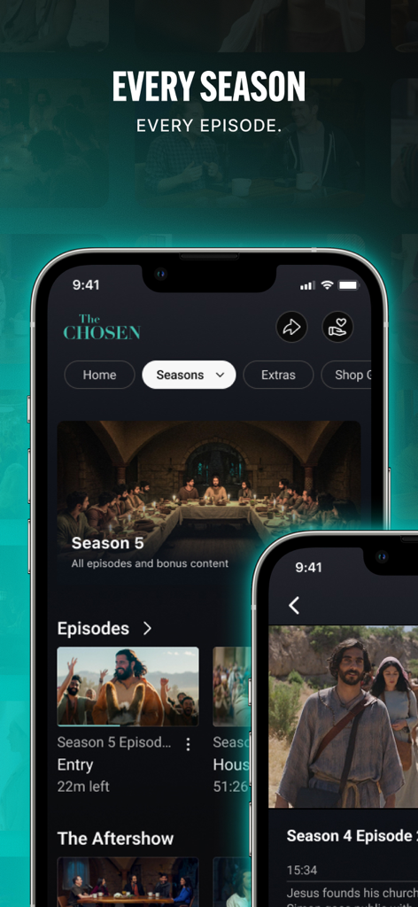 The Chosen app interface showing multiple seasons and episodes available for streaming