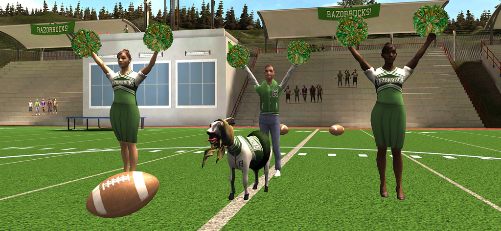 Goat Simulator: Pocket Edition - A goat in a uniform standing on a football field with cheerleaders
