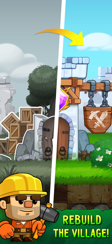 Dig Out! Mine Adventure - A split screen showing a ruined grey village being transformed into a colorful restored one with a cartoon miner character and the text rebuild the village.