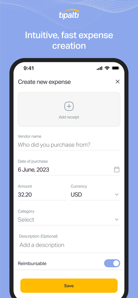 Interface do aplicativo móvel Tipalti Expenses para criar um novo relatório de despesas de negócios com upload de recibo