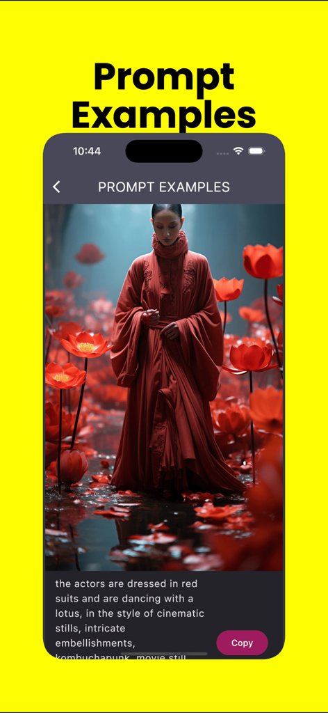 Interface de l'application Dale AI montrant un exemple de prompt avec une image cinématographique d'une personne en rouge parmi des fleurs.