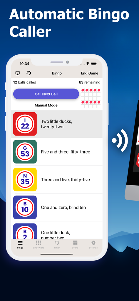 Bingo Caller at Home - Bingo Caller at Home app interface showing a list of called numbers with traditional rhymes in manual mode.