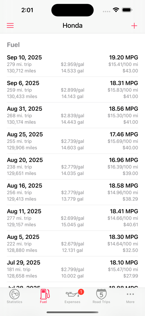 Road Trip MPG - A detailed list of fuel fill-up entries for a Honda vehicle showing dates, mileage, fuel costs, and MPG statistics.