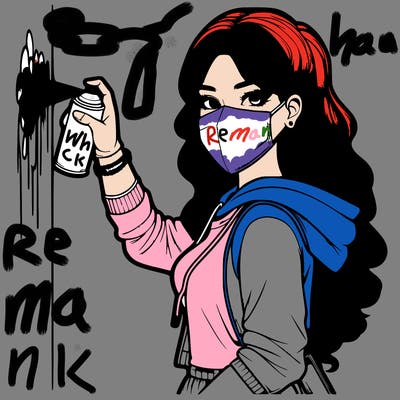 realistic girl with mask spray painting a wall