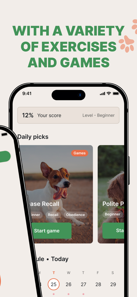 Dog and puppy training app interface featuring daily exercises and interactive games