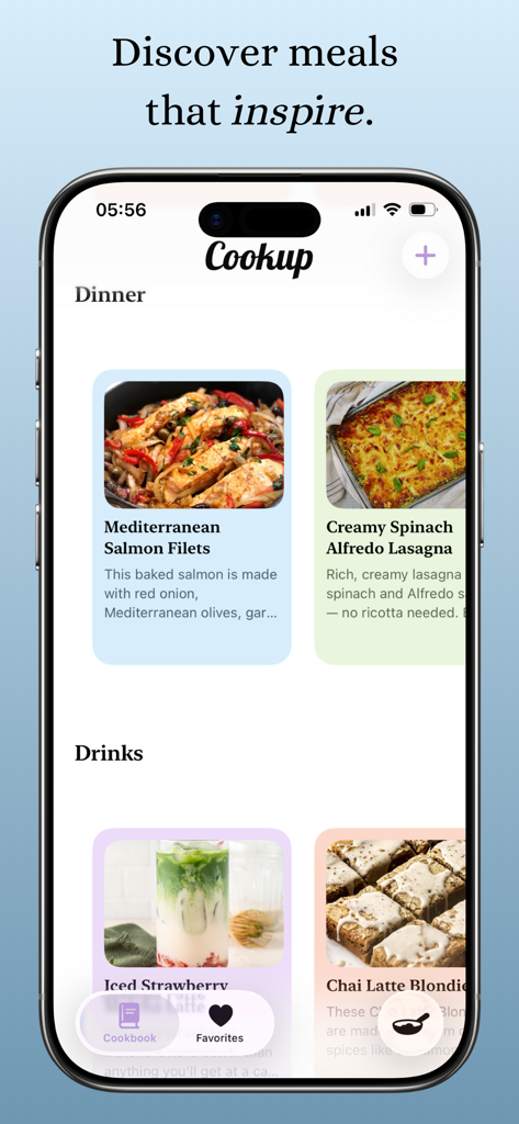 Cookup: Recipes & Tips - Interfaz de la aplicación Cookup que muestra tarjetas de recetas de cena y bebidas, incluyendo salmón y lasaña