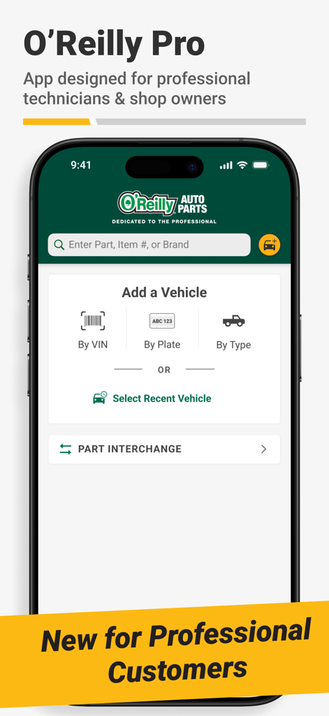 O'Reilly Pro app home screen showing vehicle identification options including VIN scanner and license plate decoder for professional mechanics.