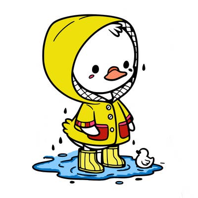 baby duck in a rain coat and boots, in a puddle while it’s raining