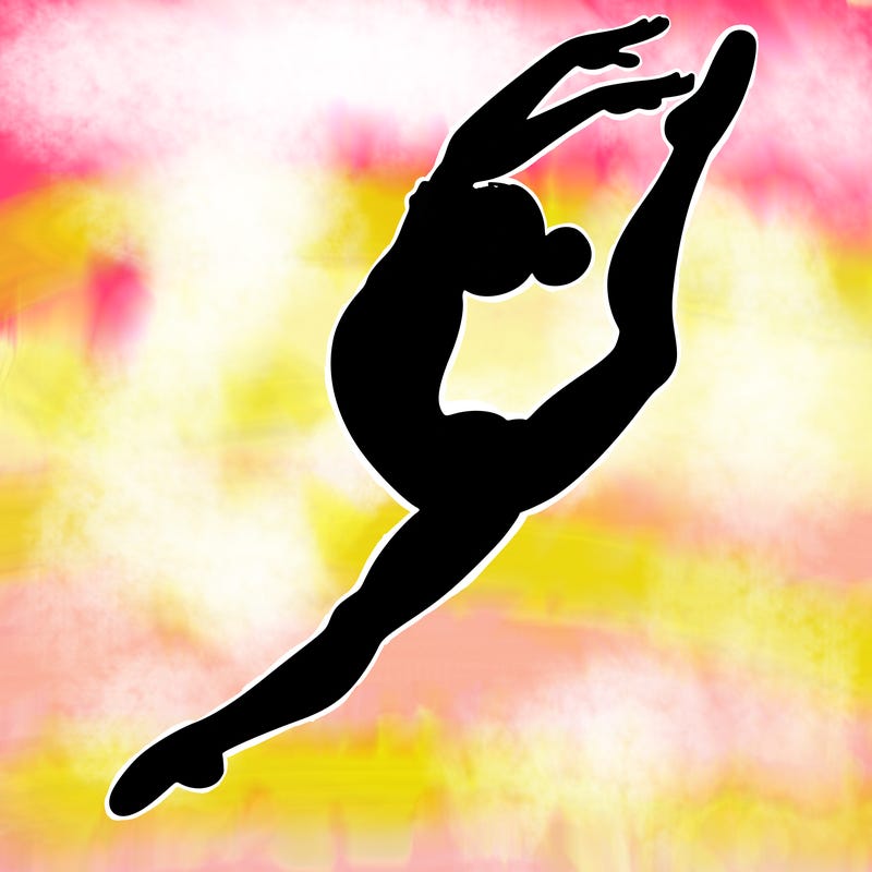 gymnast doing a leap in a leotard with a bent back leg
