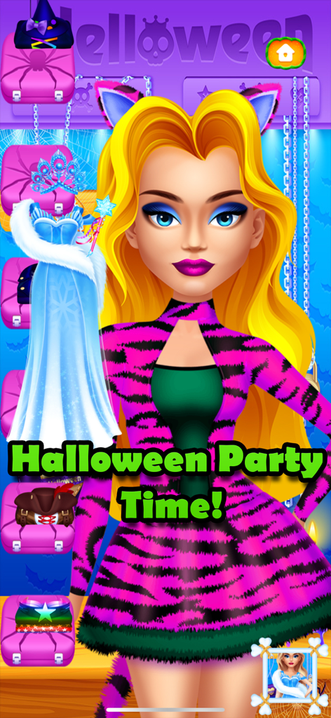 Halloween Makeover Simulator - A girl character with cat ears and a pink tiger dress in the Halloween Party Time screen