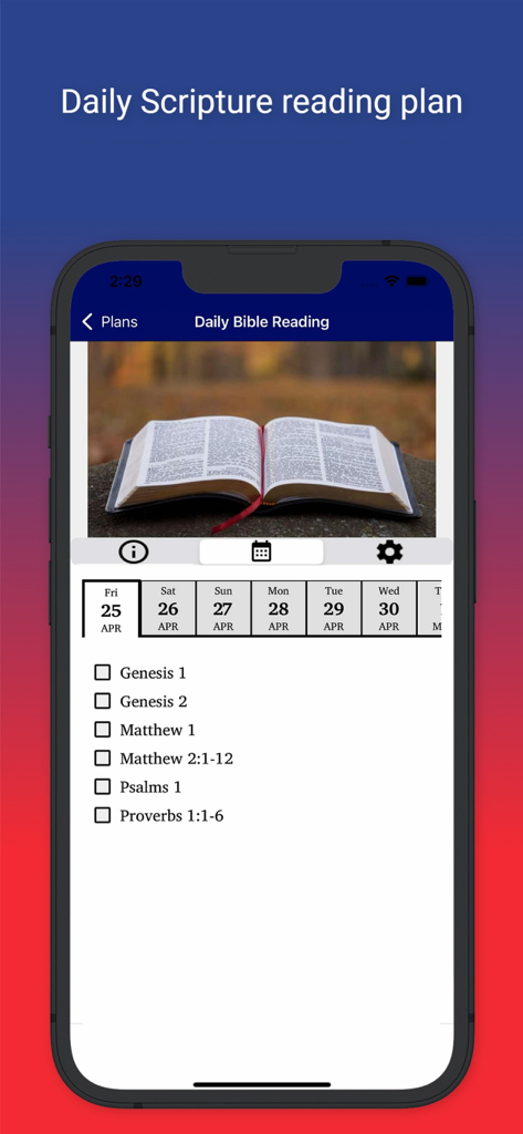Scripture Earth - A mobile interface showing the daily Bible reading plan with a checklist of scriptures in the Scripture Earth app.