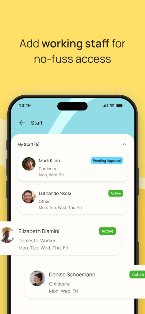 My Estate Life - Interface of My Estate Life app showing a list of managed staff members including gardener and childcare with their status and schedules