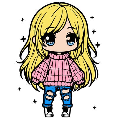 chibi girl with ripped jeans,long hair, and an oversized sweater
