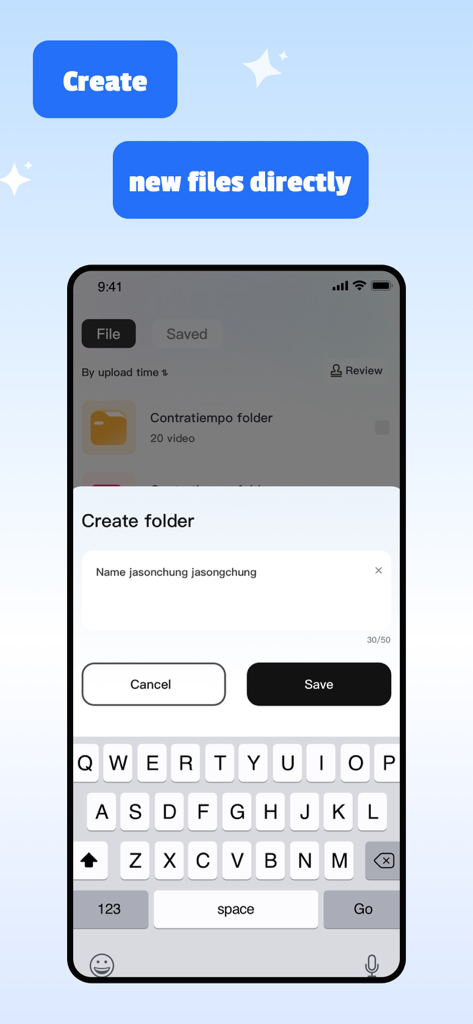 Maxbox - Tela do iPhone exibindo a interface do aplicativo Maxbox com uma janela pop-up para criar uma nova pasta e um teclado de celular