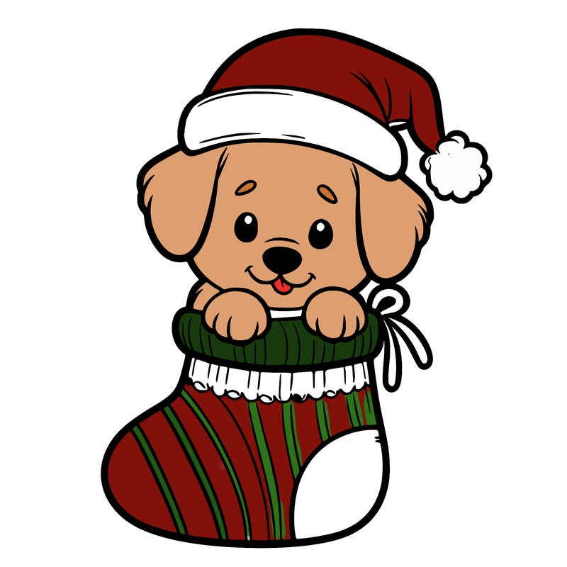 cute puppy wearing santa hat in socking