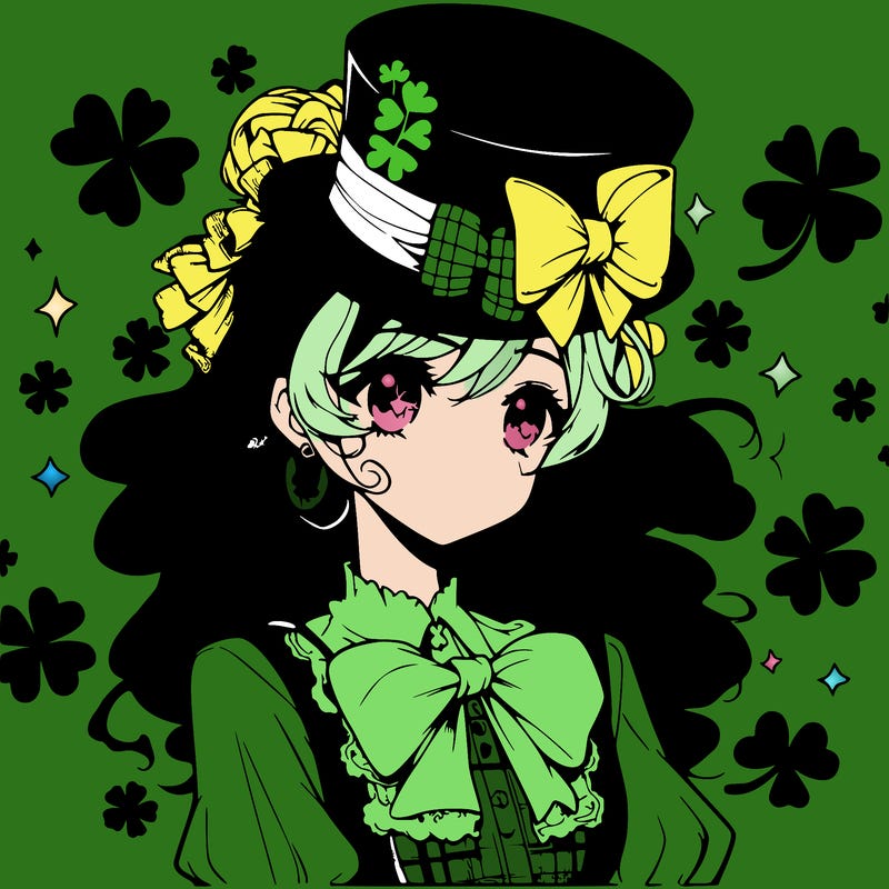 a manga-style girl with clovers around her, a little hat in her hair, like it's saint patrick's day