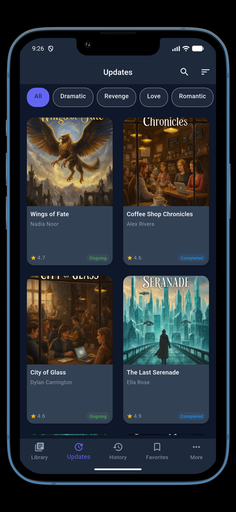 Tachiyomi - Tachiyomi iOS app updates screen showing novel library items in dark mode