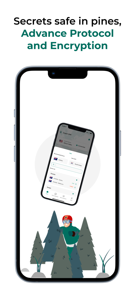 Interfaccia dell'app Pine VPN che mostra le impostazioni avanzate del protocollo e della crittografia su un iPhone