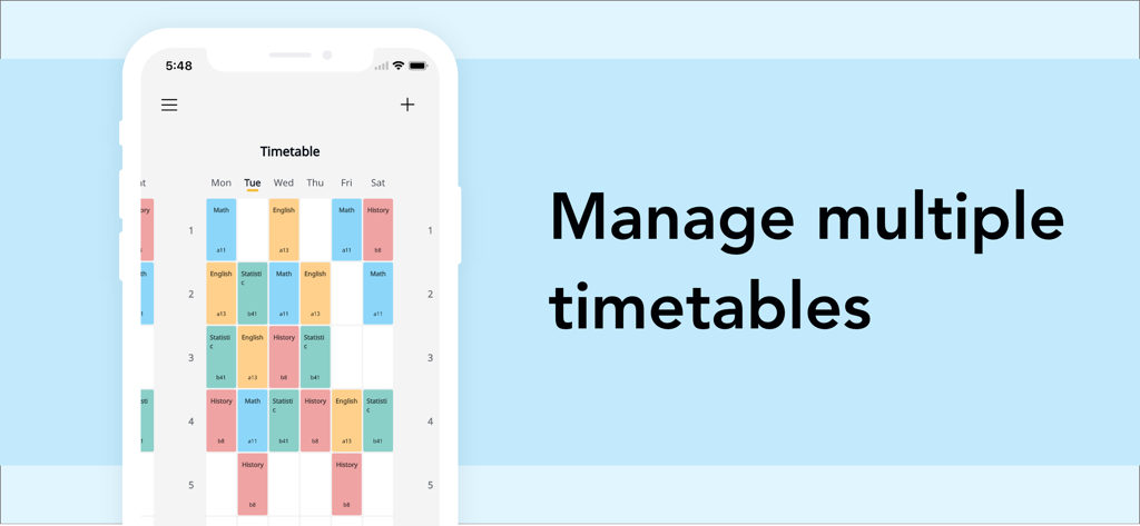 Simple Timetable・Simple & Cool - Una interfaz minimalista de aplicación móvil en un teléfono inteligente que muestra una cuadrícula de horario de clases semanal colorida