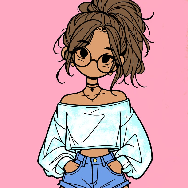 girl with a messy ponytail glasses a baggy crop top and jean shorts