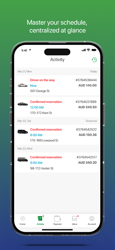 LuxCar Chauffeur Service - LuxCar app activity screen showing a list of scheduled chauffeur bookings and trip history