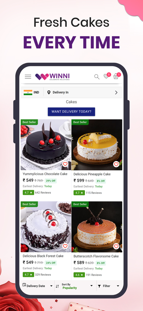 Mobile app interface showing various cakes including chocolate and pineapple with prices and ratings for delivery in India