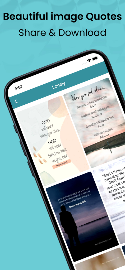1599 Geneva Bible app screen displaying shareable image quotes with inspirational Bible verses