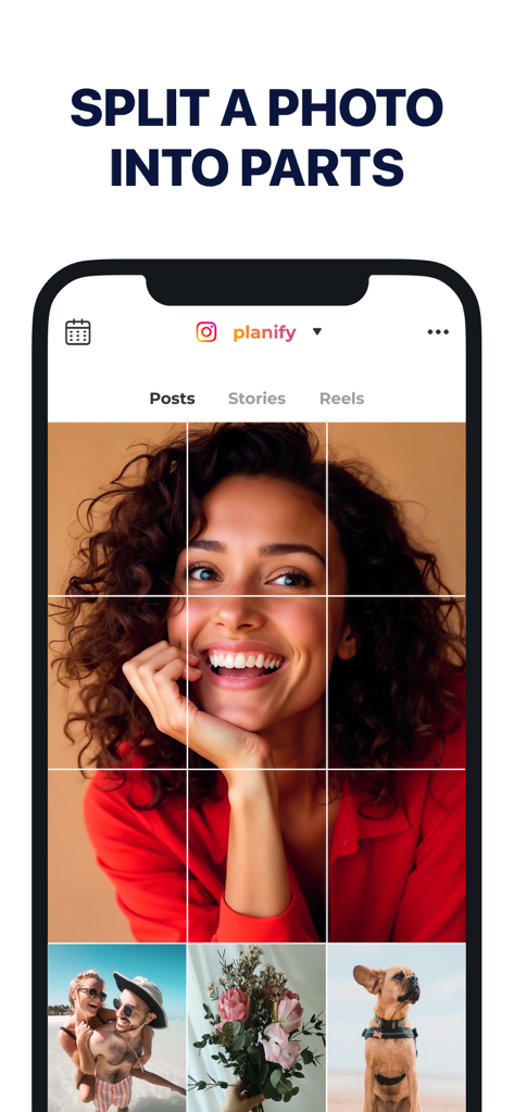 Smartphone-Bildschirm zeigt das Porträt einer Frau, aufgeteilt in ein neunteiliges Raster für ein Instagram-Feed-Layout