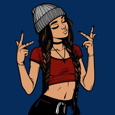 realistic teenage girl with braids and a beanie and crop top doing 🫶🏼