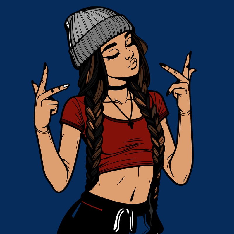 realistic teenage girl with braids and a beanie and crop top doing 🫶🏼