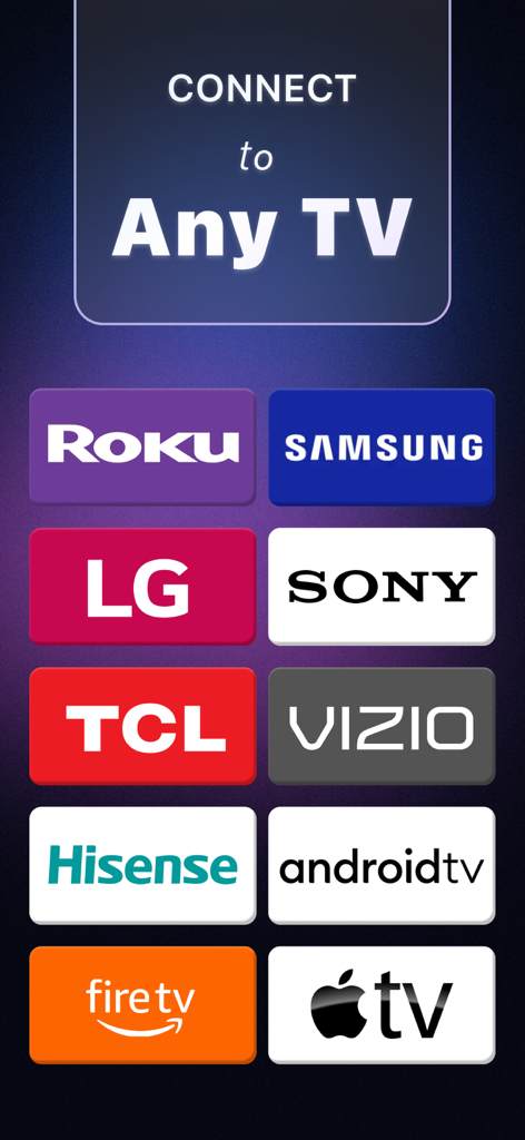 Una lista de marcas de TV compatibles que incluyen Roku Samsung LG Sony TCL Vizio Hisense Android TV Fire TV y Apple TV