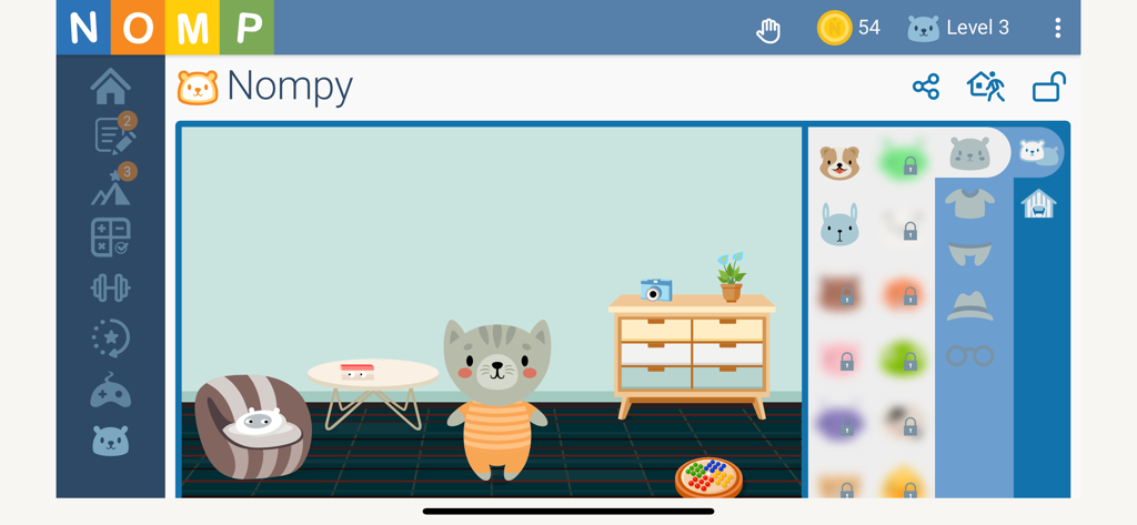 Nomp - Nompy character in a virtual room with customization options in the Nomp math app interface