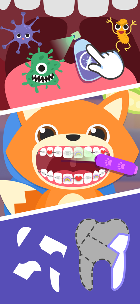 Dentist Baby Games for Kids - Capturas de pantalla del juego de un dentista para niños que muestran la limpieza de dientes y la decoración de ortodoncias