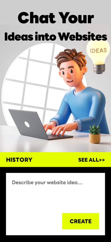 Pantalla de la aplicación VibeCode AI mostrando una entrada de chat para describir ideas de sitios web con un personaje 3D usando una laptop.