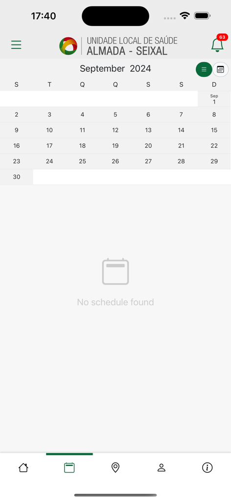 患者の予約管理のためのMyULSASアプリのカレンダーインターフェースのスクリーンショット